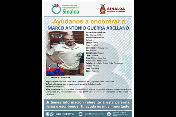La UAS se solidariza con familiares y amigos de Marco Antonio Guerra Arellano, docente jubilado de la institución rosalina, quien se encuentra desaparecido desde el pasado jueves 9 de mayo